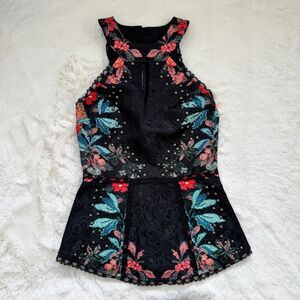 Bebe Floral Stud Peplum Halter Top XXS - Black